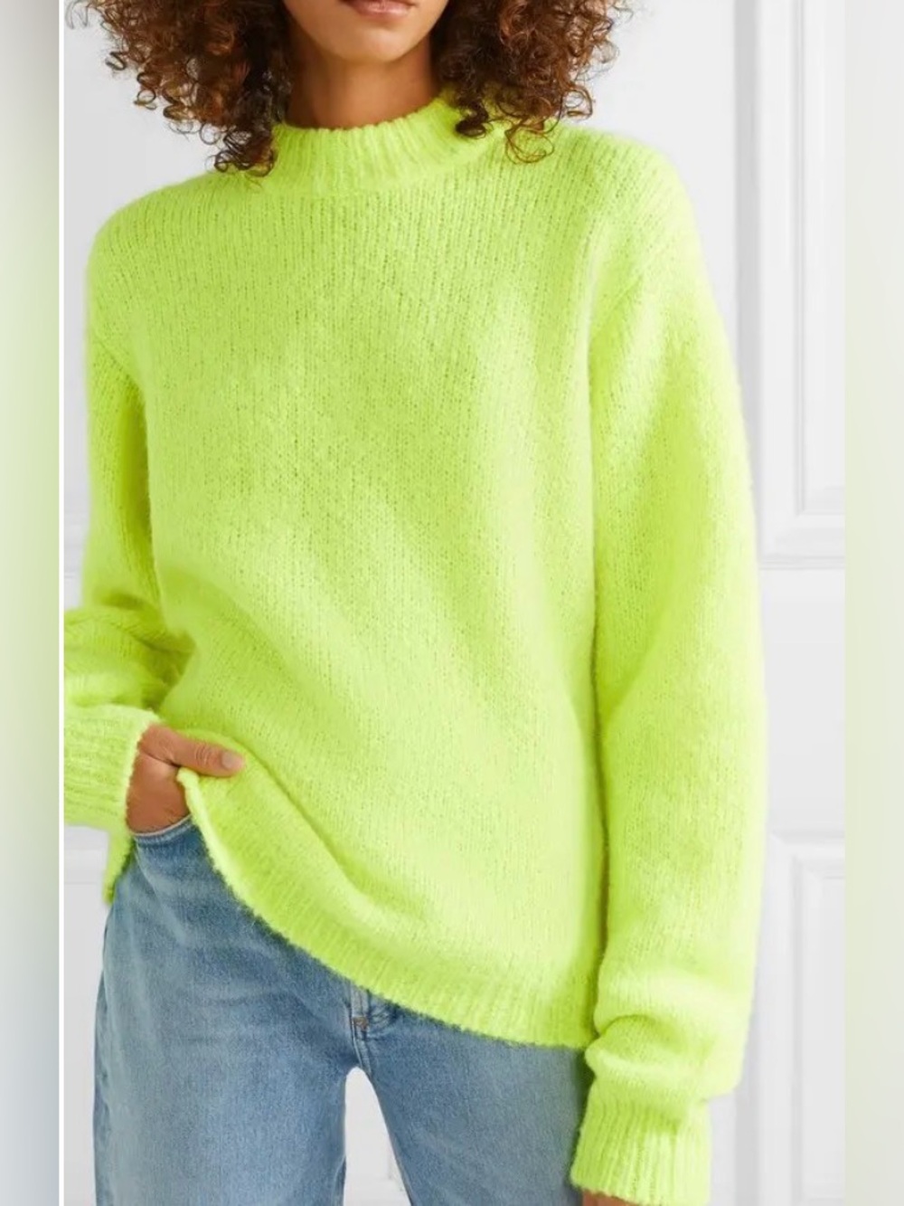 Tibi Women’s Medium Cozette Neon Yellow Alpaca-Blend Sweater Wool Long Sleeve